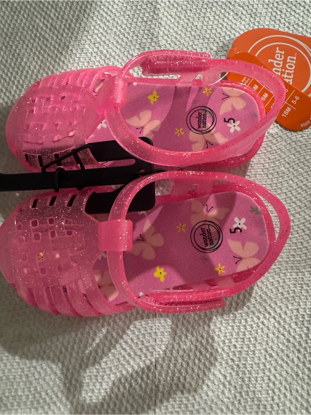 wonder nation Pink Glitter Jelly Sandals with Floral Insole - Girls